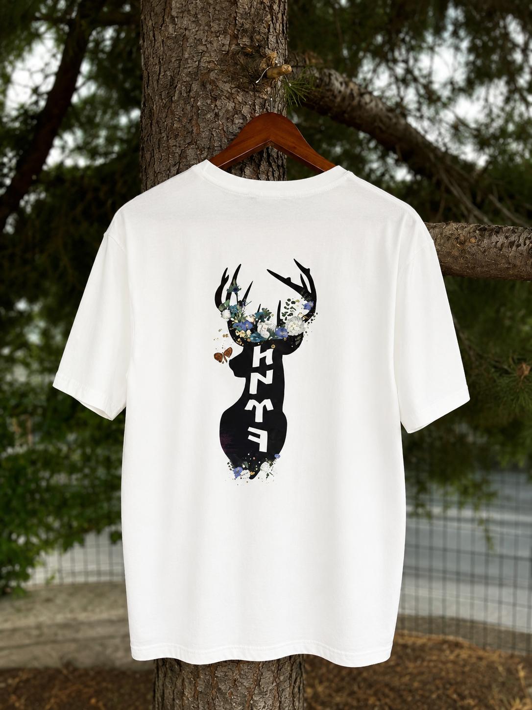 Türk Yazılı Ve Geyikli T-shirt Ön Ve Arka Baskı - Beyaz
