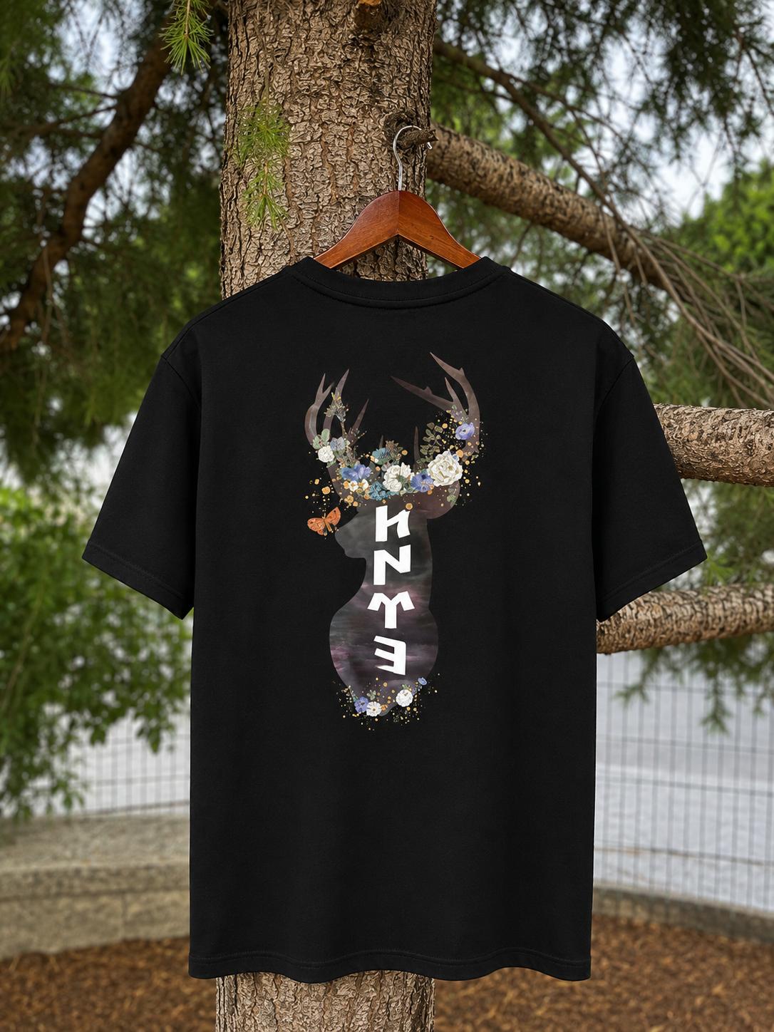 Türk Yazılı Ve Geyikli T-shirt Ön Ve Arka Baskı- Siyah